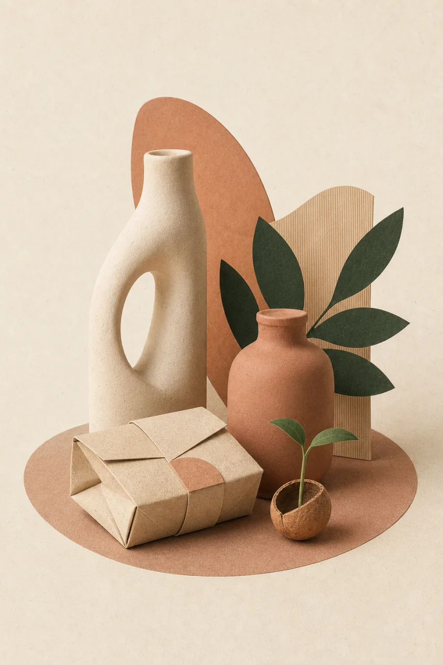 A crafted still life of vessels and wrapped paper packaging.