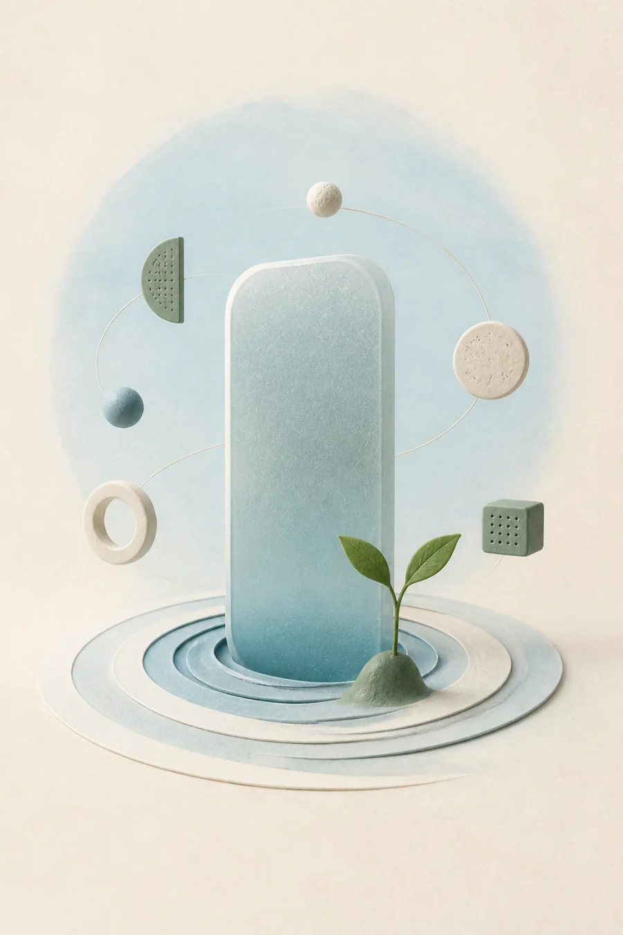 A frosted product form emerging from concentric rings beside a seedling.