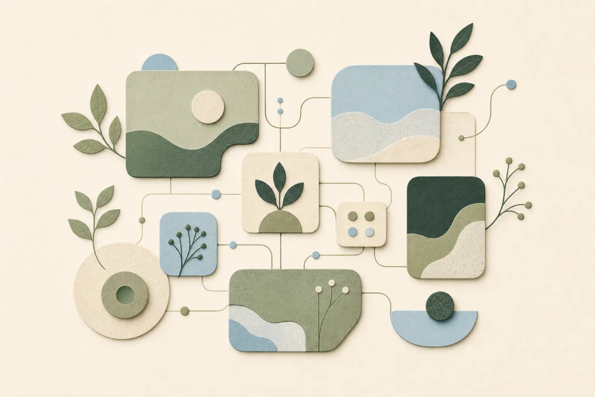 A network of botanical interface modules connected by fine pathways.